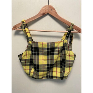 Vintage Womens Crop Top Large Yellow Black Plaid Sleeveless Clueless Grunge Y2K